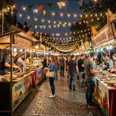 a festival style event with food stalls and lights