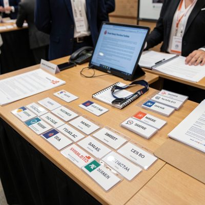 an event registration desk with name badges