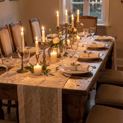 a candlelit table runner down a long table