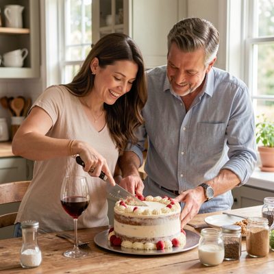 a couple cutting a cake together