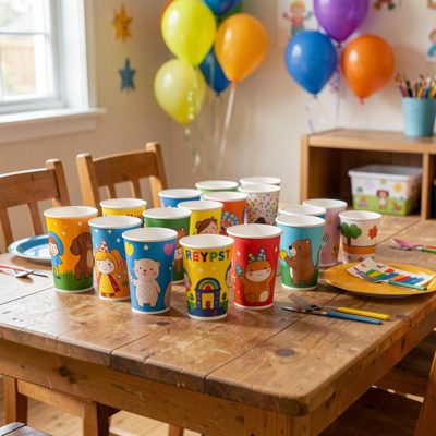 a children's party table with paper cups