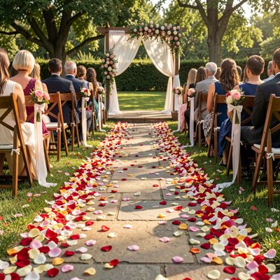 an outdoor ceremony aisle strewn with petals