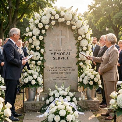 a memorial service with white flowers