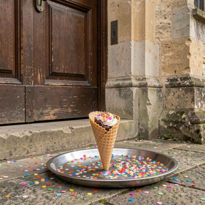 a confetti cone tray by a church door