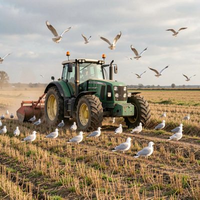 a tractor ploughing a field with gulls following