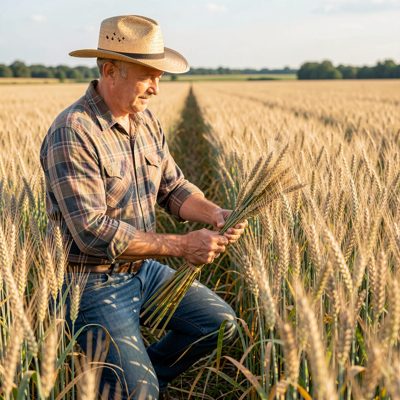a farmer inspecting wheat in a field by hand