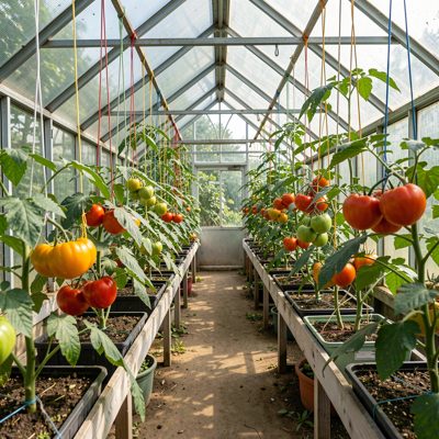 a greenhouse with tomato plants on strings
