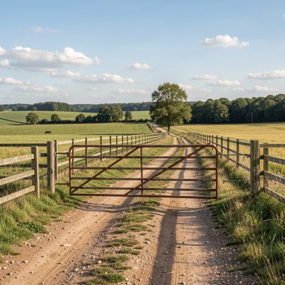 a farm track with a gate and open fields beyond