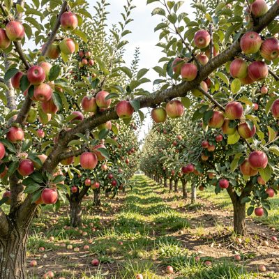 an orchard with apples ready to pick