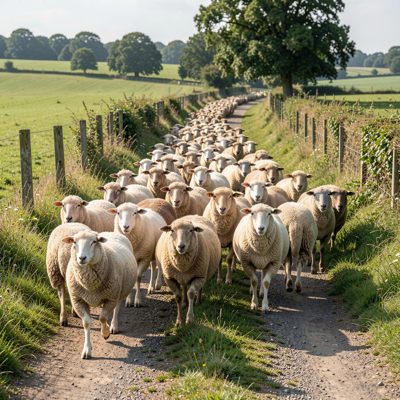 a flock of sheep being moved along a lane