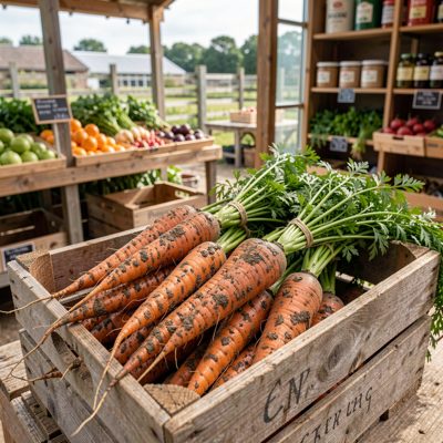 a farm shop crate of muddy carrots