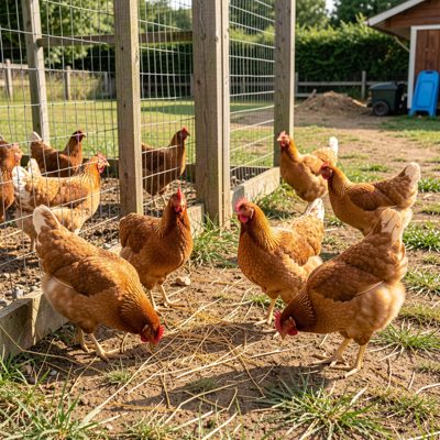 a chicken run with hens scratching