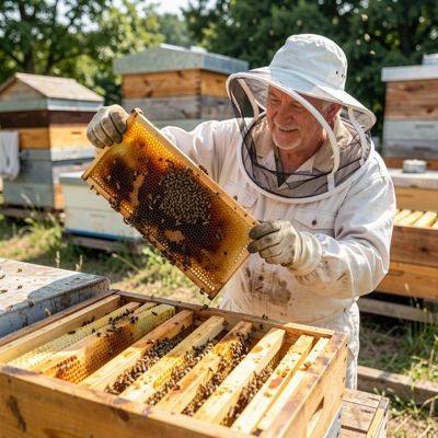 a beekeeper lifting a frame from a hive