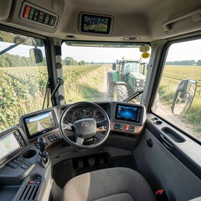 a tractor cab interior with controls and screens