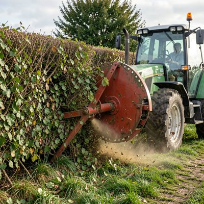 a hedge being cut by a tractor flail