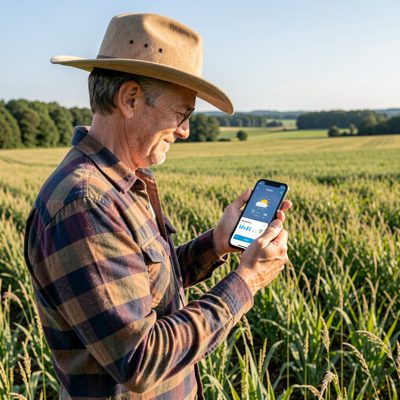 a farmer checking a weather app in a field