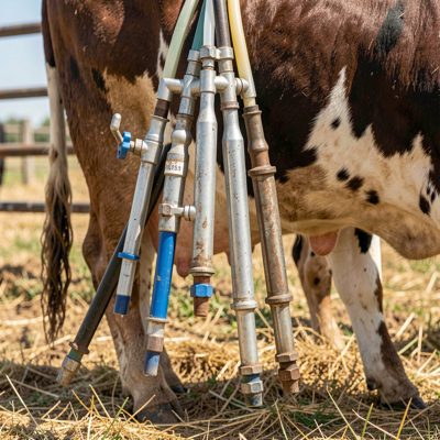 a milking cluster attached to a cow