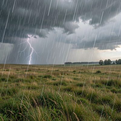 a rain shower crossing an open field