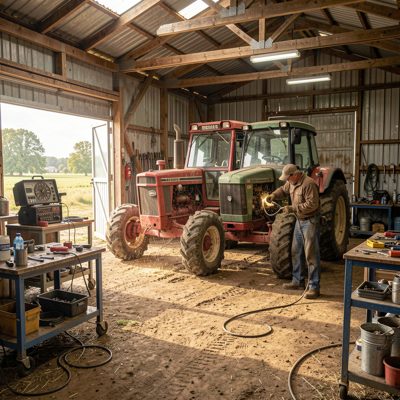 a farm workshop with machinery being repaired