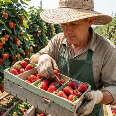 a fruit picker filling a punnet with strawberries