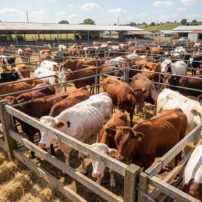 a livestock market with pens of cattle