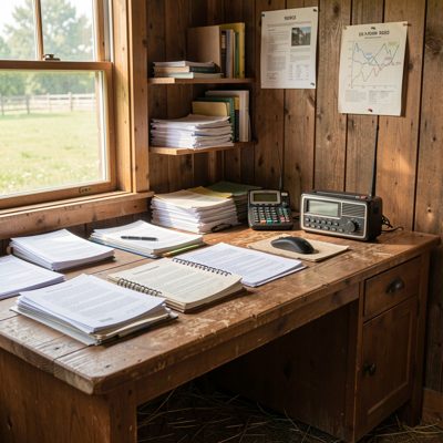 a farm office with paperwork and a radio