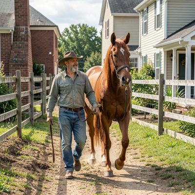a farmer leading a horse across a yard