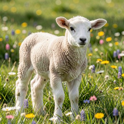 a young lamb standing in spring grass