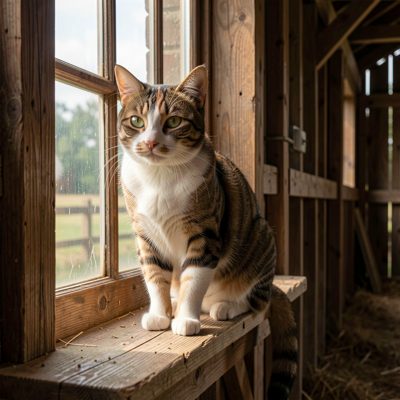 a farm cat on a windowsill in a barn
