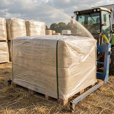 a bale wrapper turning a bale in plastic