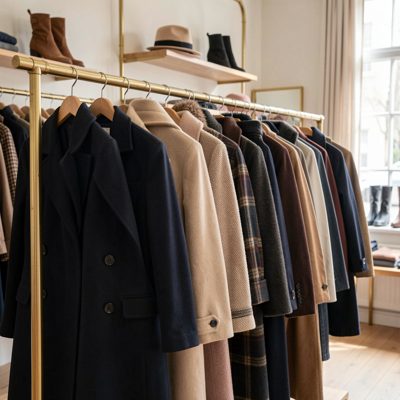 a rail of coats in a boutique in soft light