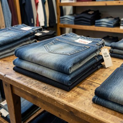 a folded stack of denim on a shop table