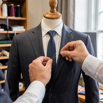 a tailor pinning a jacket on a mannequin