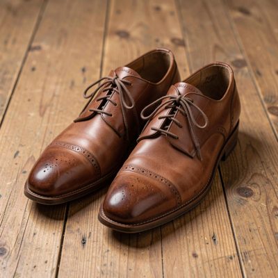 a pair of leather shoes on a wooden floor