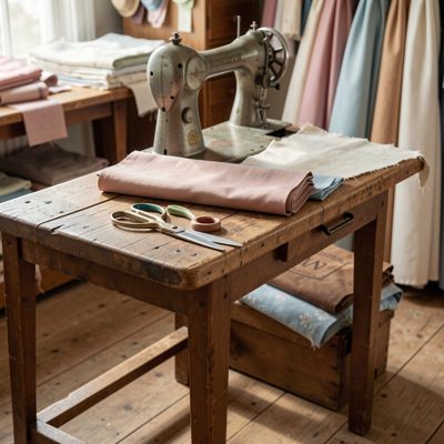 a dressmaker's bench with fabric and shears