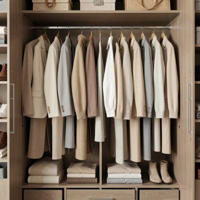 a wardrobe of neutral coloured clothes