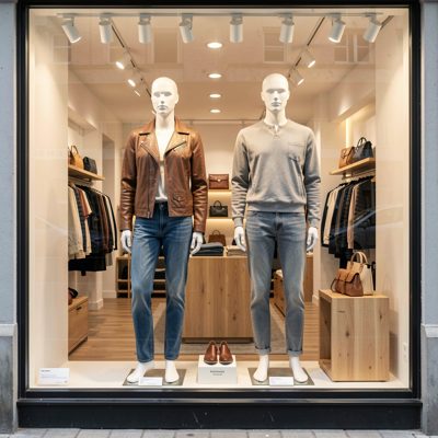a shop window display with two mannequins