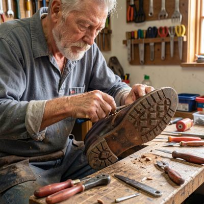a cobbler repairing a shoe sole