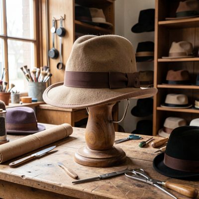 a hat on a stand in a milliner's workshop