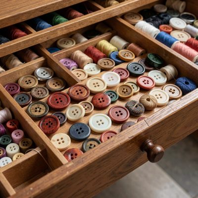 a row of buttons in a haberdashery drawer