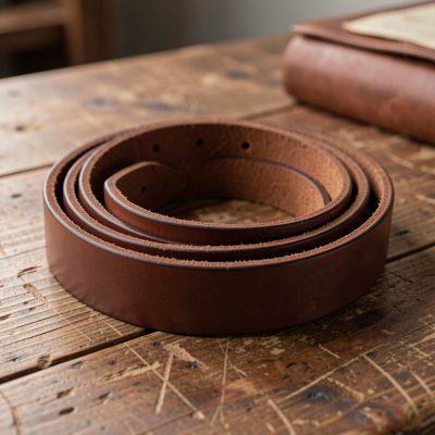 a leather belt coiled on a table