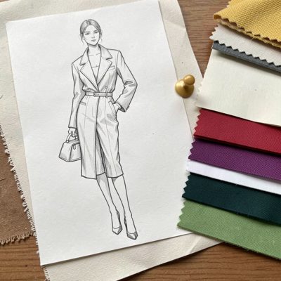 a fashion sketch pinned beside fabric swatches