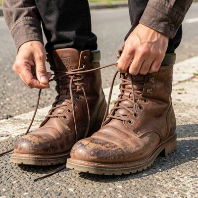 a pair of boots being laced