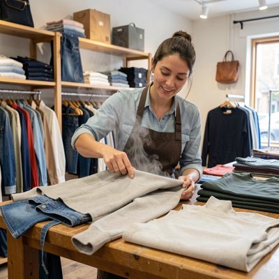 a shop assistant steaming a garment