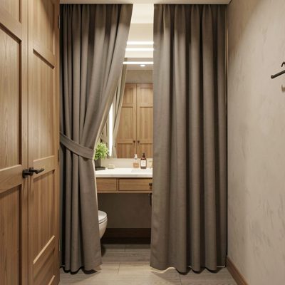 a dressing room with a curtain drawn back