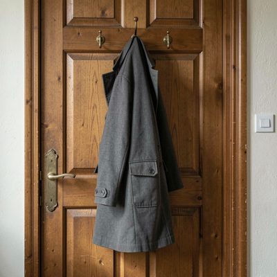 a coat hanging on a hook by a door