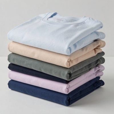 a stack of folded t shirts in one colour