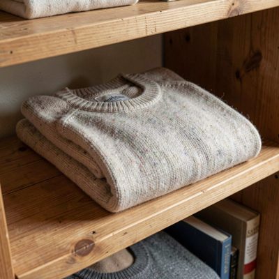 a wool jumper folded on a shelf