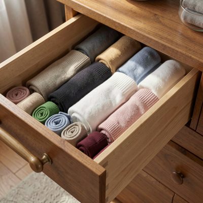 a sock drawer with pairs rolled neatly