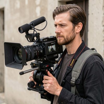 a film camera on a shoulder rig